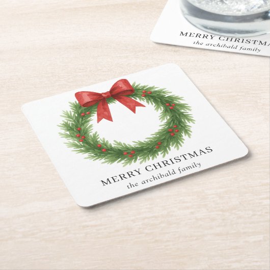 水彩リースモダンクリスマス スクエアペーパーコースター (アングル)