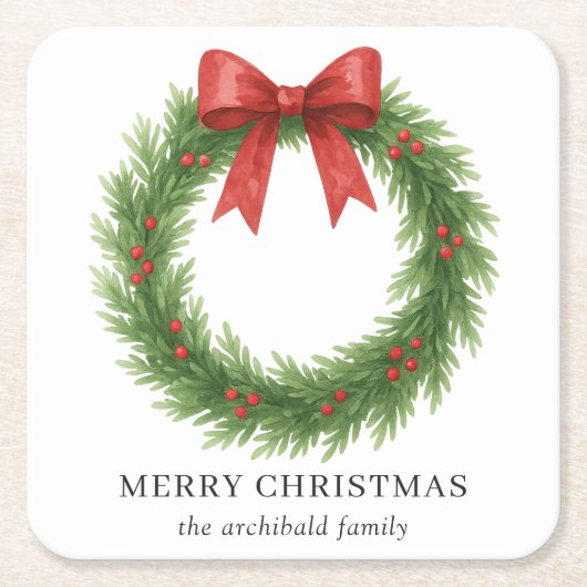 水彩リースモダンクリスマス スクエアペーパーコースター (正面)