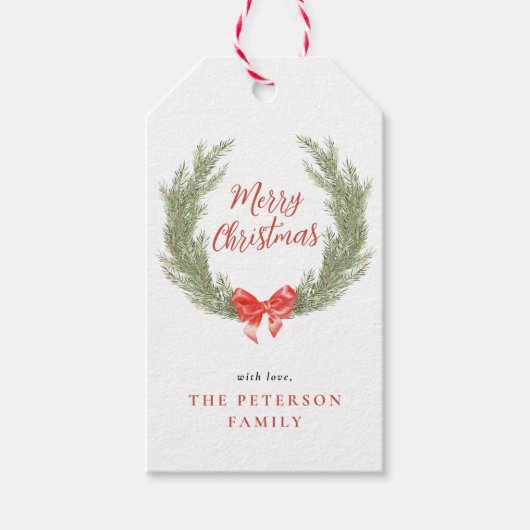 水彩リースレッドボウホリデーギフト ギフトタグ (正面)