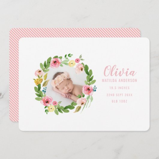 水彩リース写真誕生のお知らせ サンキューカード (正面/裏面)