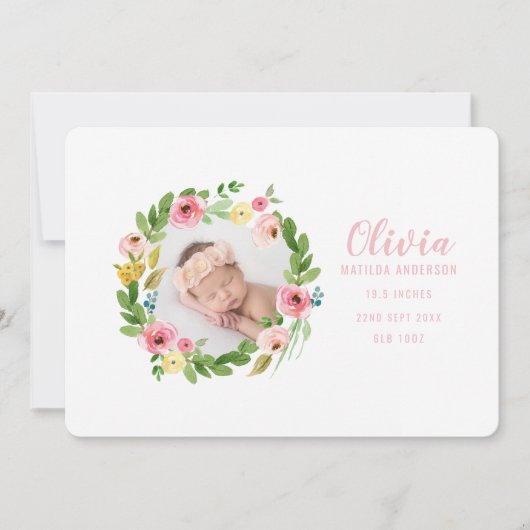 水彩リース写真誕生のお知らせ サンキューカード (正面)