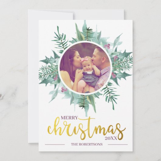 水彩リース写真金ゴールドメリークリスマス シーズンカード (正面)