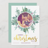 水彩リース写真金ゴールドメリークリスマス シーズンカード (正面/裏面)