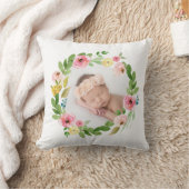 水彩リース赤面ピンクパーソナライズされた写真 クッション (ブランケット)