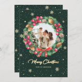 水彩リース雪金ゴールドグリーンフォトクリスマス シーズンカード (正面/裏面)