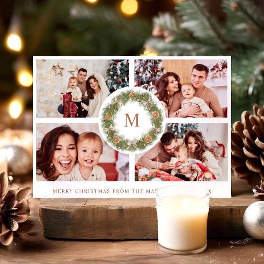 水彩リース4フォトコラージモノグラムストライプの シーズンカード