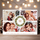 水彩リース4フォトコラージモノグラムストライプの シーズンカード