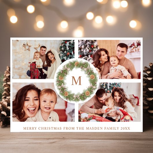 水彩リース4フォトコラージモノグラムストライプの シーズンカード