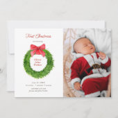 水彩リース、弓ベビー写真誕生 案内状 (正面)