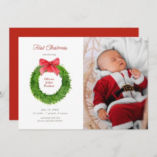 水彩リース、弓ベビー写真誕生 案内状 (正面/裏面)