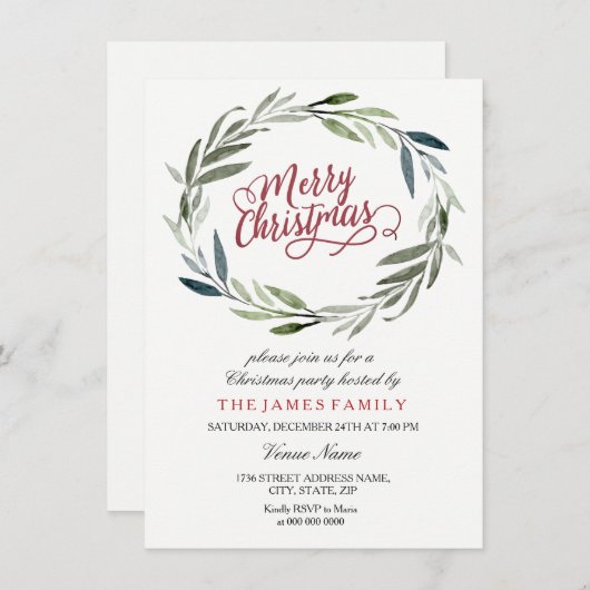 水彩リーフリースクリスマスパーティの招待状 招待状 (正面/裏面)