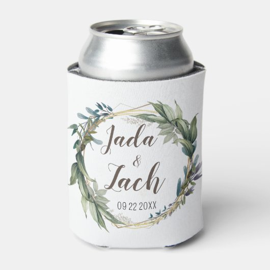 水彩リーフリースパーソナライズされた結婚ズ 缶クーラー (缶正面)