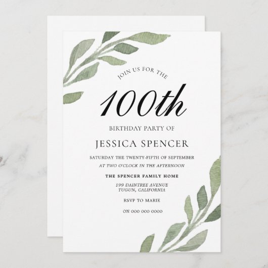 水彩リーフ女性メンズ100誕生日招待状 招待状 (正面/裏面)