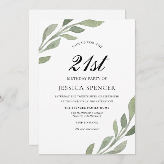水彩リーフ女性メンズ21歳招待状 招待状 (正面/裏面)