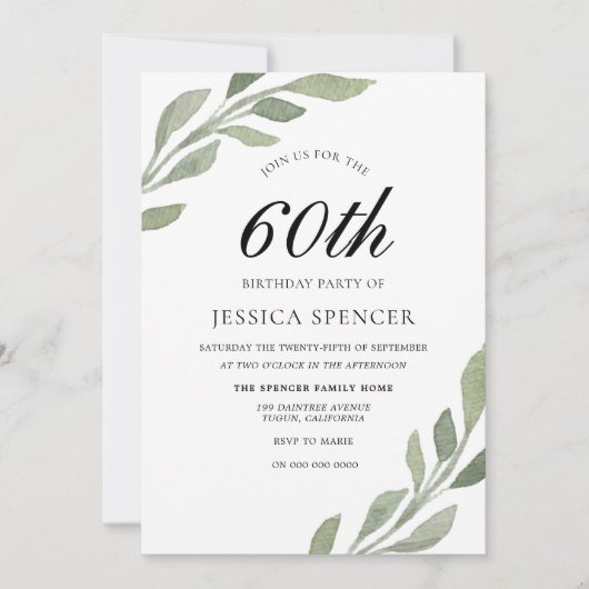 水彩リーフ女性メンズ60誕生日招待状 招待状 (正面)
