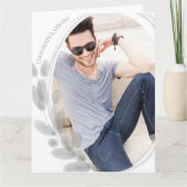 水彩リーフ枠付きフォトグレーおめでとう カード (正面)