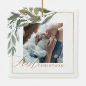 水彩リーフ緑ベビー誕生写真 セラミックオーナメント (裏面)