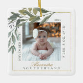 水彩リーフ緑ベビー誕生写真 セラミックオーナメント (正面)