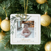 水彩リーフ緑ベビー誕生写真 セラミックオーナメント