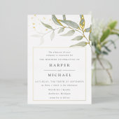 水彩リーフ金ゴールドきらめく結婚のフォイルinvitati 箔招待状 (立ち正面)