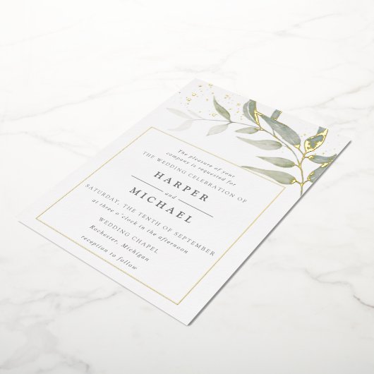水彩リーフ金ゴールドきらめく結婚のフォイルinvitati 箔招待状 (回転した状態)