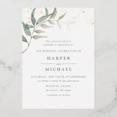 水彩リーフ金ゴールドきらめく結婚ズ 箔招待状 (正面)