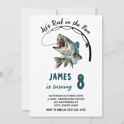 水彩リールのおもしろい魚釣り誕生日 招待状 (正面)