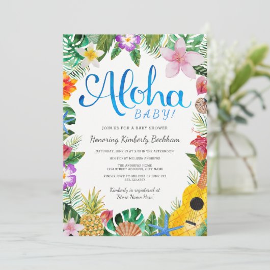 水彩ルアウ(ハワイ式宴会)ベビーシャワー招待状|青 招待状 (スタンド正面)