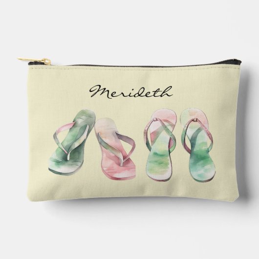 水彩ルックピンクと緑の夏のビーチサンダル アクセサリーポーチ (正面)