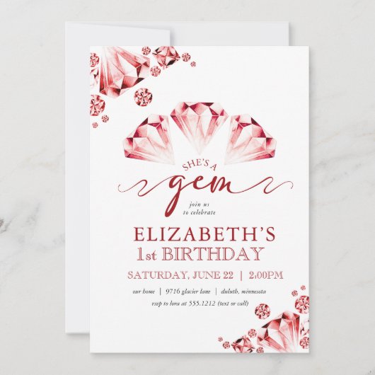 水彩ルビー彼女は宝石の誕生日 招待状 (正面)