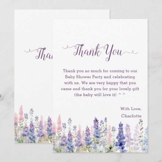 水彩ルピネカラフルフラワーベビーシャワー サンキューカード (正面/裏面)