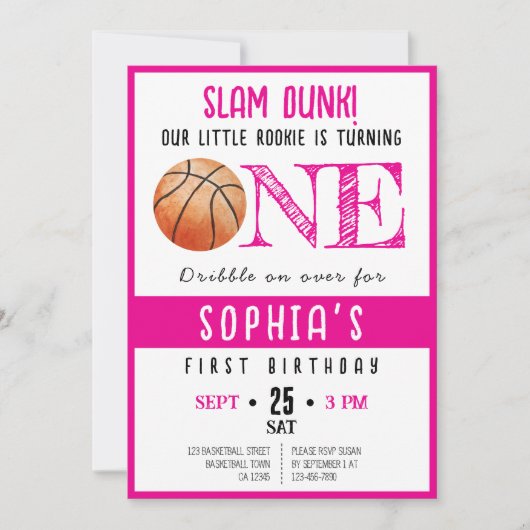 水彩ルーキーバスケットボールガール1st誕生日 招待状 (正面)