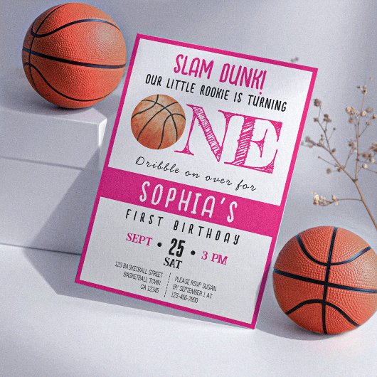 水彩ルーキーバスケットボールガール1st誕生日 招待状