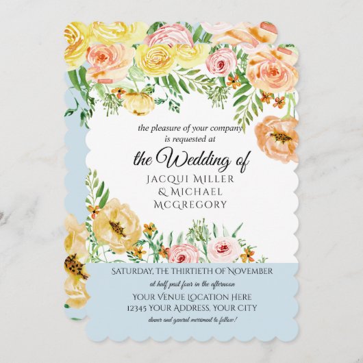 水彩ルーモダンズイエローピーチ赤面フローラ 招待状 (正面/裏面)