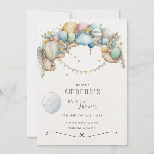 水彩レインボーエアバルーン赤ちゃんシャワー 招待状 (正面)