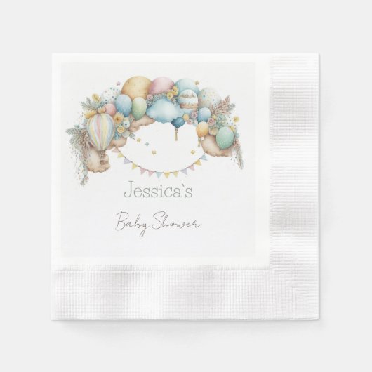 水彩レインボーエアバルーン赤ちゃんシャワー 縁ありカクテルナプキン (正面)