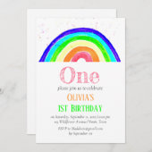 水彩レインボーガーリーファースト誕生日誕生日 招待状 (正面/裏面)