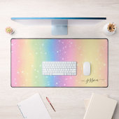 水彩レインボーグリッターピンクイエローグリーンブルー デスクマット