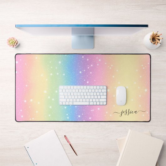 水彩レインボーグリッターピンクイエローグリーンブルー デスクマット