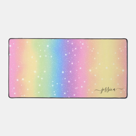水彩レインボーグリッターピンクイエローグリーンブルー デスクマット (正面)