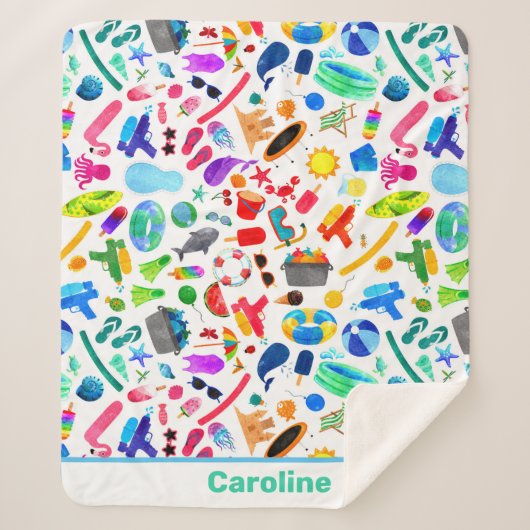 水彩レインボーサマーおもしろいキッズパターン シェルパブランケット (正面)