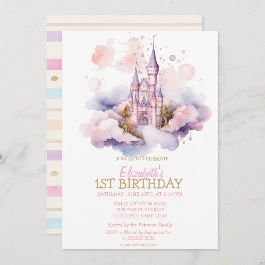 水彩レインボーハートストライプの誕生日Invite 招待状 (正面/裏面)