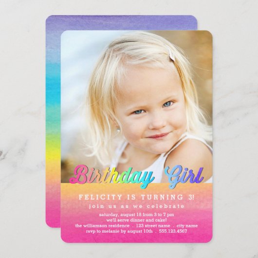 水彩レインボーバースデーパーティーの招待 招待状 (正面/裏面)