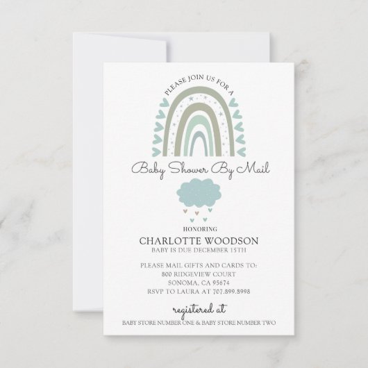 水彩レインボーブルー男の赤ちゃんシャワーバイメール 招待状 (正面)