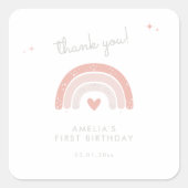 水彩レインボーホピンクファースト誕生日のお願い スクエアシール (正面)