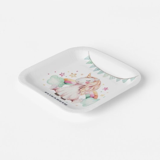 水彩レインボーユニコーンガールバースデーパーティー ペーパープレート (傾斜あり)