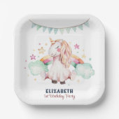 水彩レインボーユニコーンガールバースデーパーティー ペーパープレート (正面)