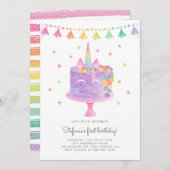 水彩レインボーユニコーンケーキファースト誕生日 招待状 (正面/裏面)