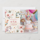 水彩レインボーユニコーン写真1st Birthday 招待状 (正面)