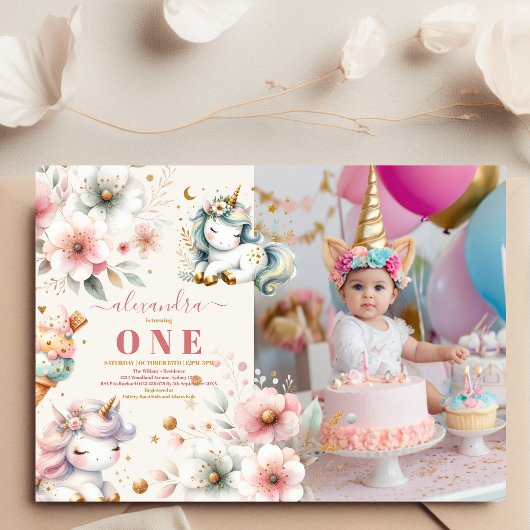 水彩レインボーユニコーン写真1st Birthday 招待状